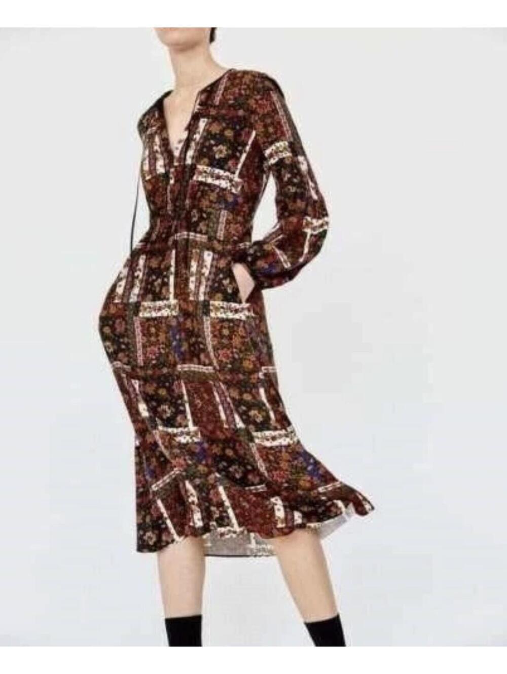 Zara Trafaluc Collection Bohemian Floral Patchwork Midi Dress - Cottagecore Boho